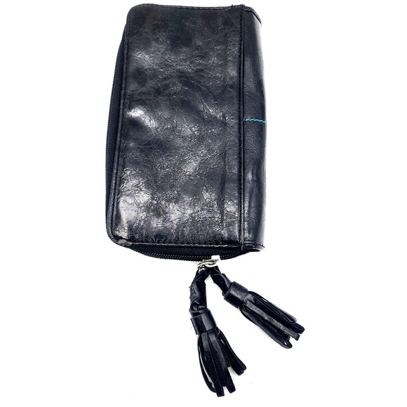 KENNETH COLE REACTION Black Clutch Organizer Leather Tassel Zipper Pulls 8x4.5x1 - Picture 9 of 11